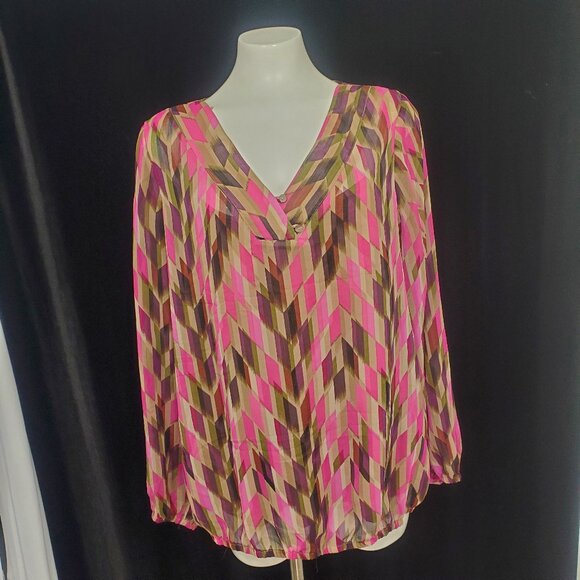 Liz Claiborne Woman Pink/Brown/Taupe Geometric Print Blouse Built in Slip Sz. 1X - Picture 1 of 12